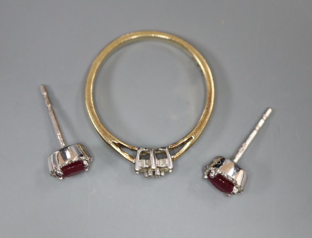 A pair of ruby and diamond cluster earrings, 18ct white gold setting and a 9ct yellow gold and diamond flowerhead cluster ring